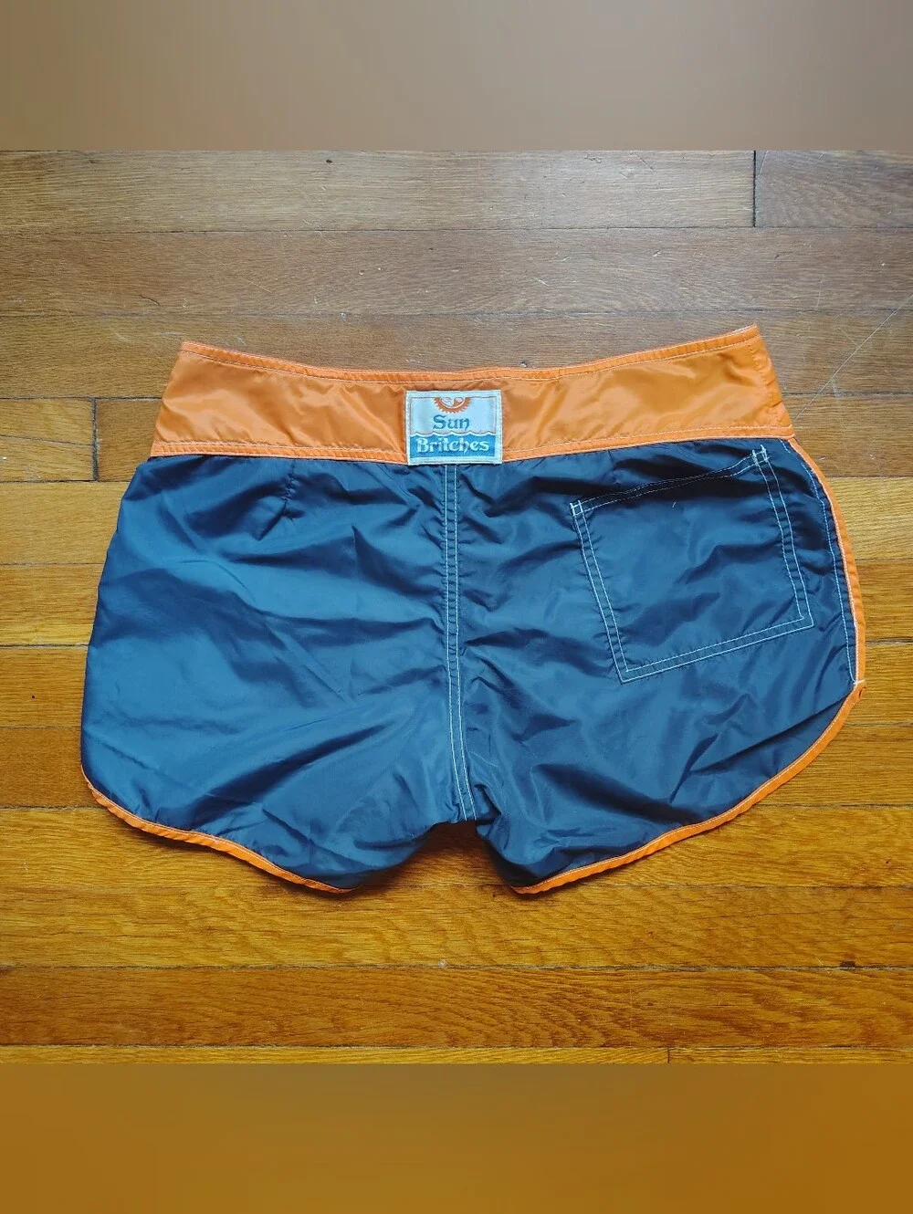 70s 80s Vintage Sz 32 Sun Britches Navy Blue Orange Men Swim Trunks Board Shorts